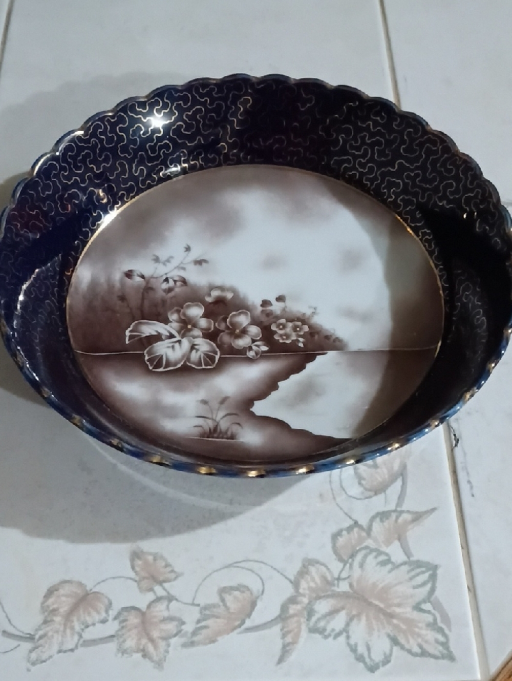 Vintage Floral Decorative Ceramic Bowl - Blue and Gold